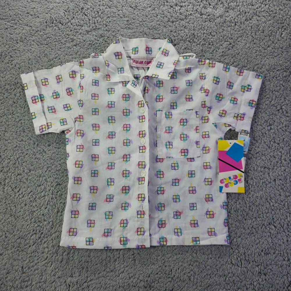 Vintage Color Code Kids White Geometric Print Short Sleeve Button Down Shirt 6